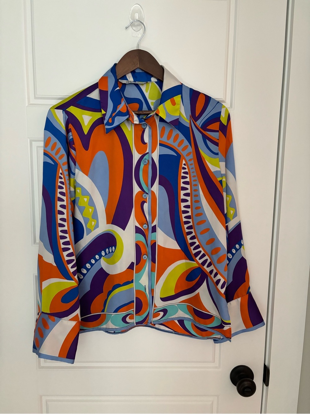 Zara Vibrant Retro-Print Button-Up Blouse in Orange, Blue & Purple